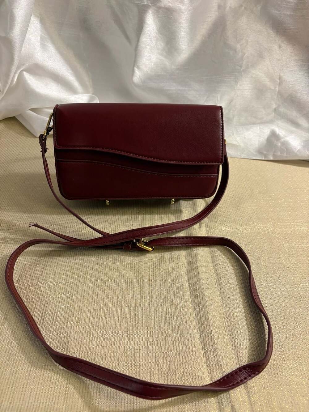 Burgundy Asymmetrical Flap Multi-Compartment Wallet Crossbody Bag